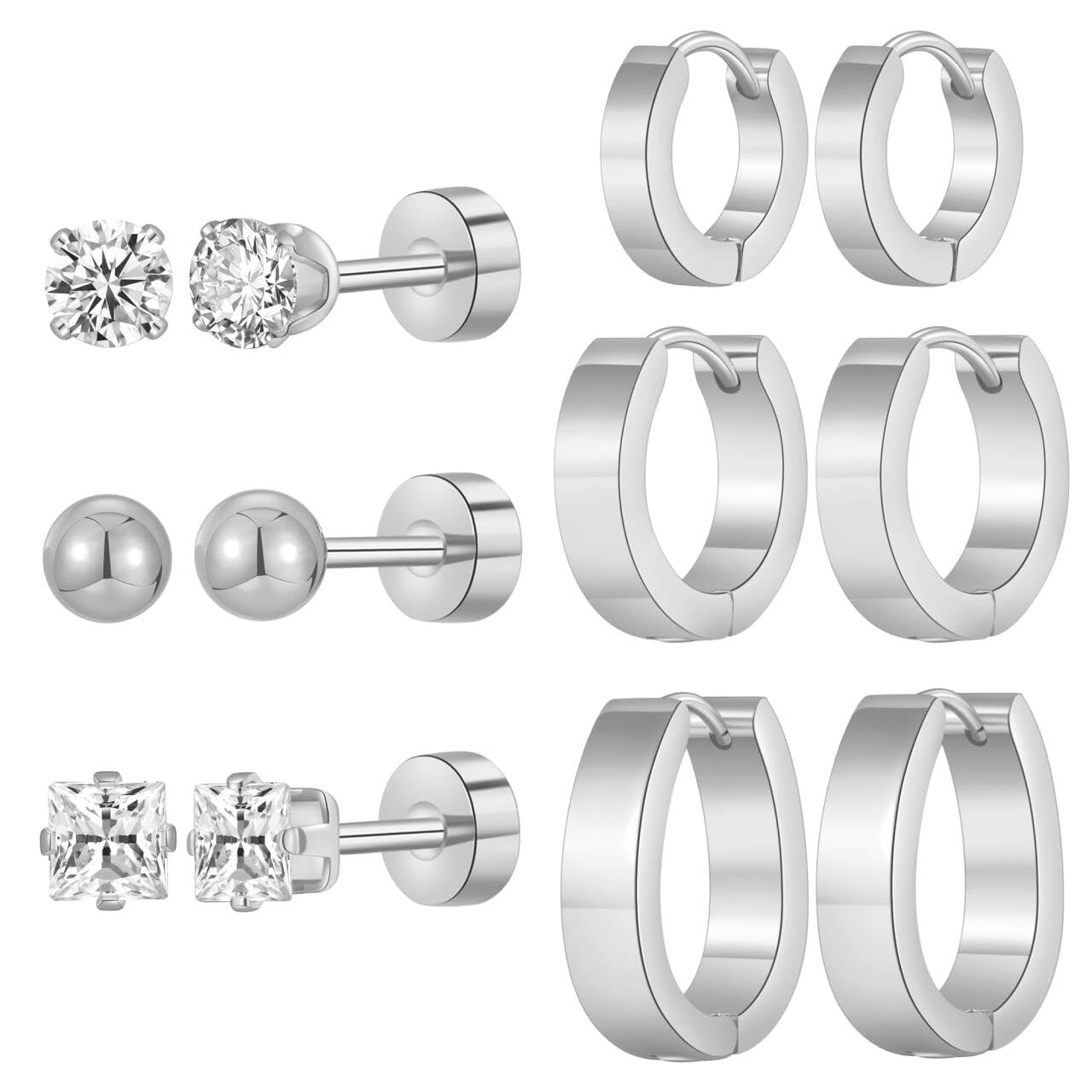 Stainless Steel Gold/Silver Plated Hoop Earrings for Women, Hypoallergenic 14k Gold Hoops Huggie Earrings Lightweight Cartilage Small CZ Ball Flatback Studs Earring Pack for Multiple Piercing